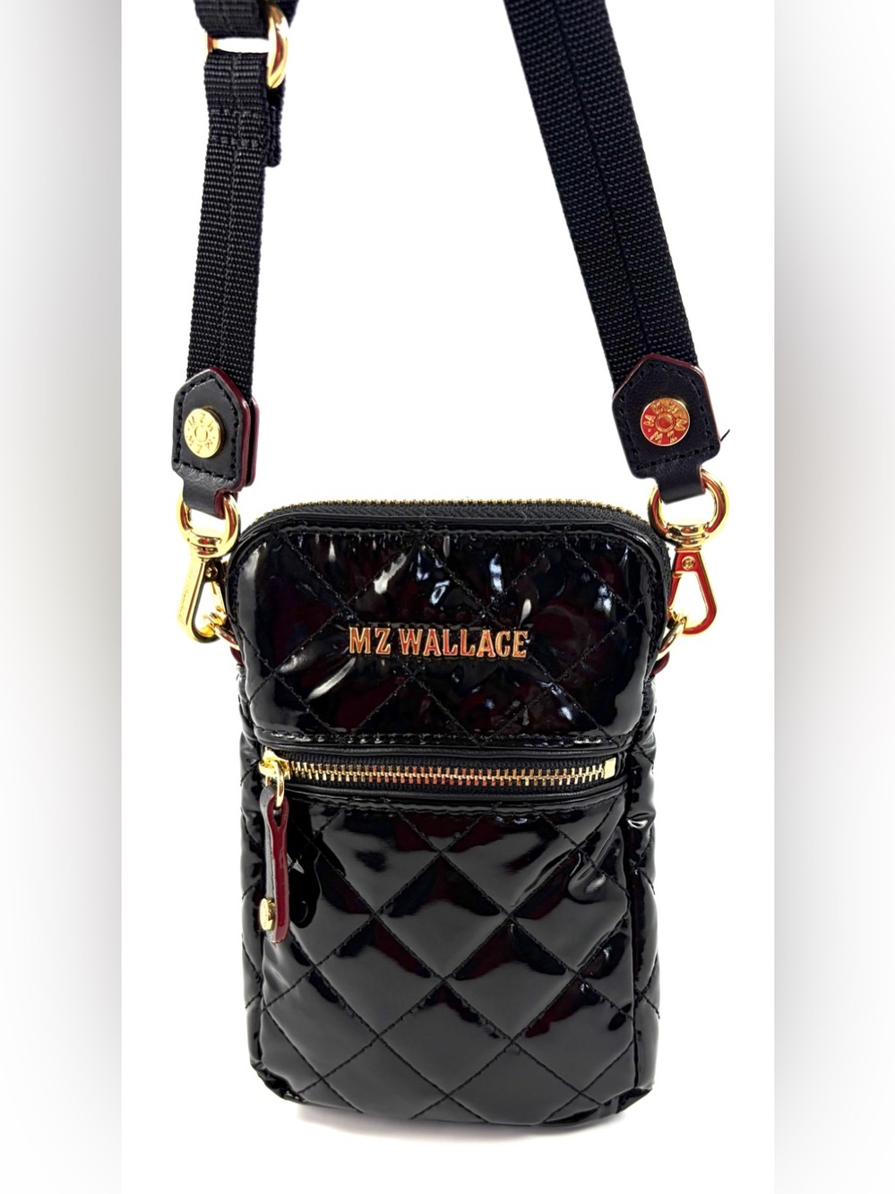 MZ Wallace Black Quilted Patent Mini Crossbody Bag with Gold Hardware